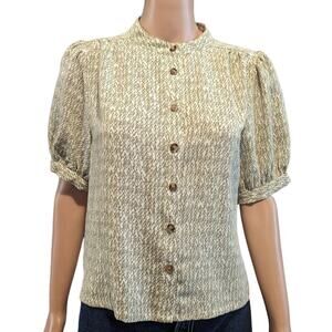 NEW Worthington PS Petite High Neck Puff Sleeve Button Blouse Office Career Work